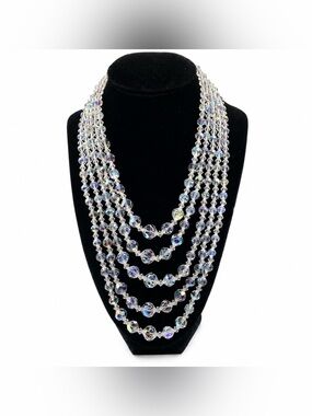 Aurora Borealis AB Five Strand Faceted Crystal Glass Choker Necklace Vintage
